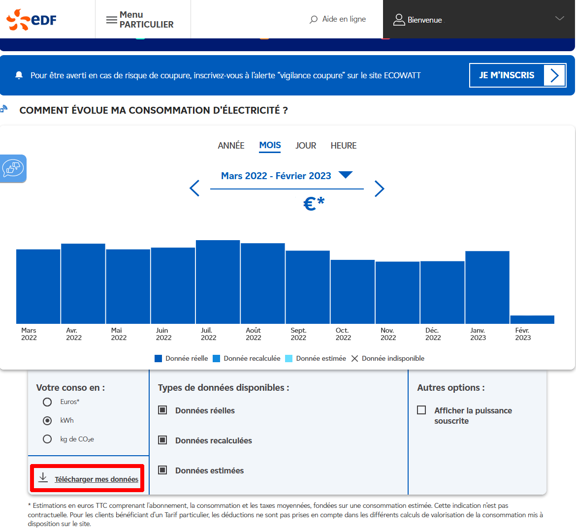 2ème étape pour télécharger les données sur le site EDF