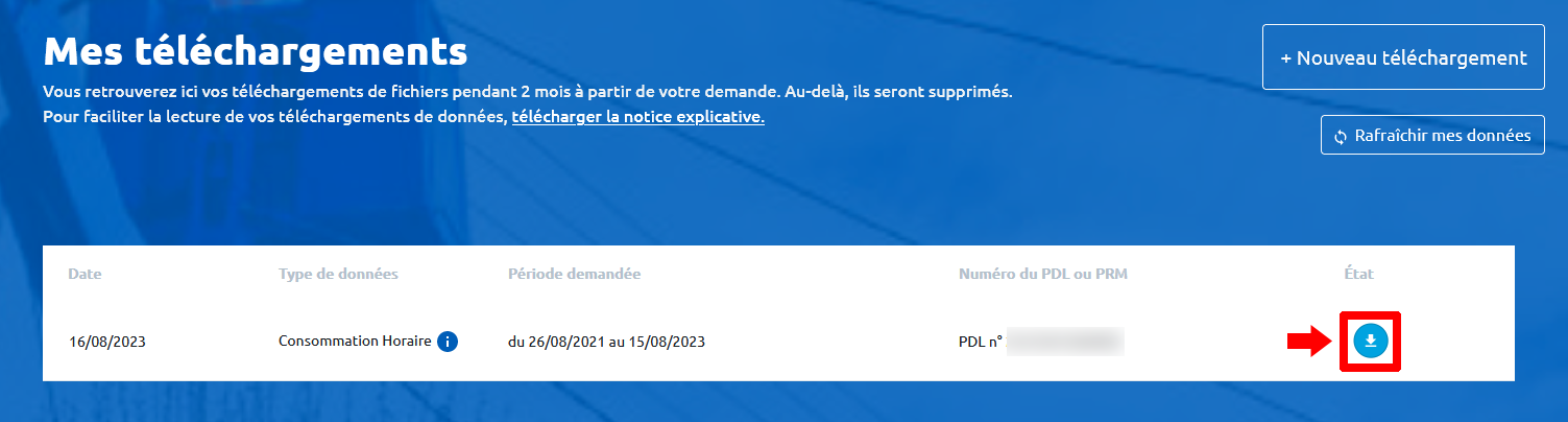 2ème étape pour télécharger les données sur le site Enedis
